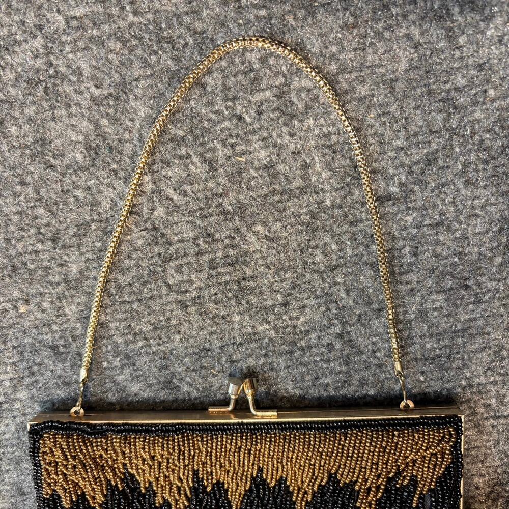 Vintage Black Gold Beaded Handbag Zigzag Geometric Evening Clutch Chain - Picture 6 of 7